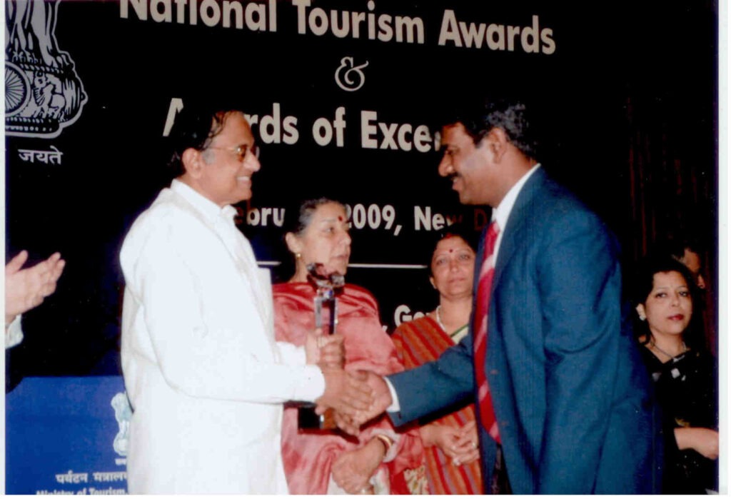 xotique India receiving National Tourism Award for Outstanding Performance as Inbound Tour Operator of India 2007-08 from Shri P. Chidambaram, New Delhi.